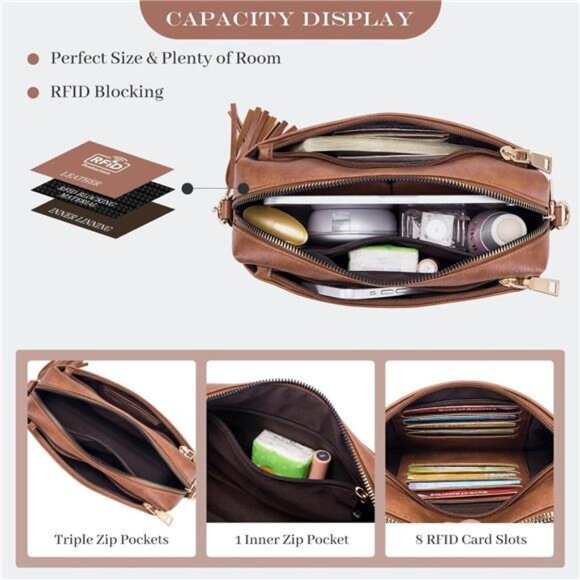 Triple Zip Small Crossbody Bag for women, Brown - Picture 3 of 6